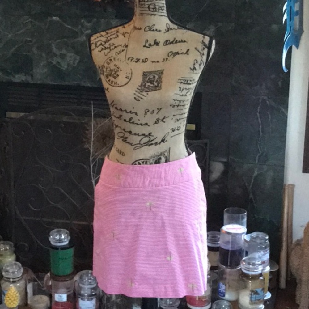 J Crew Pink White gingham skirt with green dragonflies 8